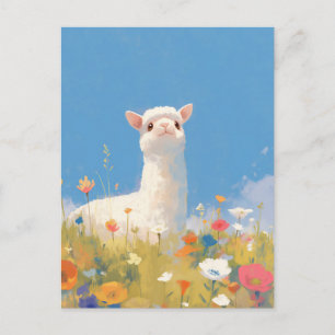 White Alpaca in Colorful Wildflower Meadow Postcard