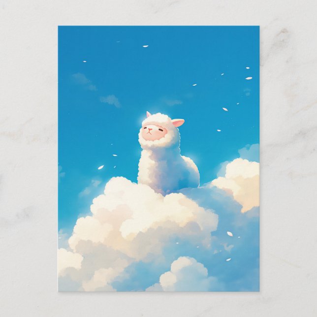 White Alpaca Sitting on Puffy Cloud Blue Sky Postcard (Front)