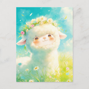 White Alpaca with Spring Floral Crown Meadow Postcard