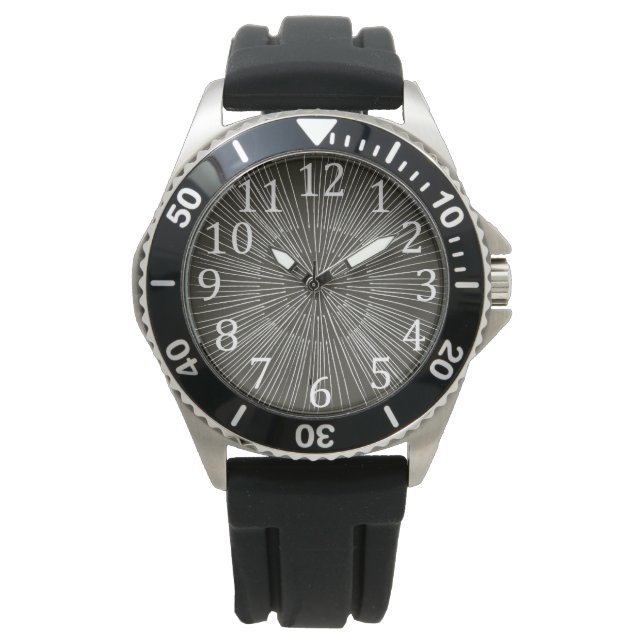 White alternating spokes on black, mens watch (Front)