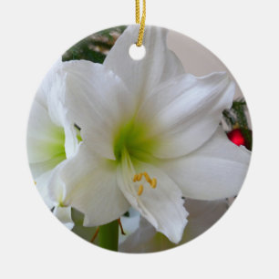 White Amaryllis and Christmas Tree Ceramic Ornament