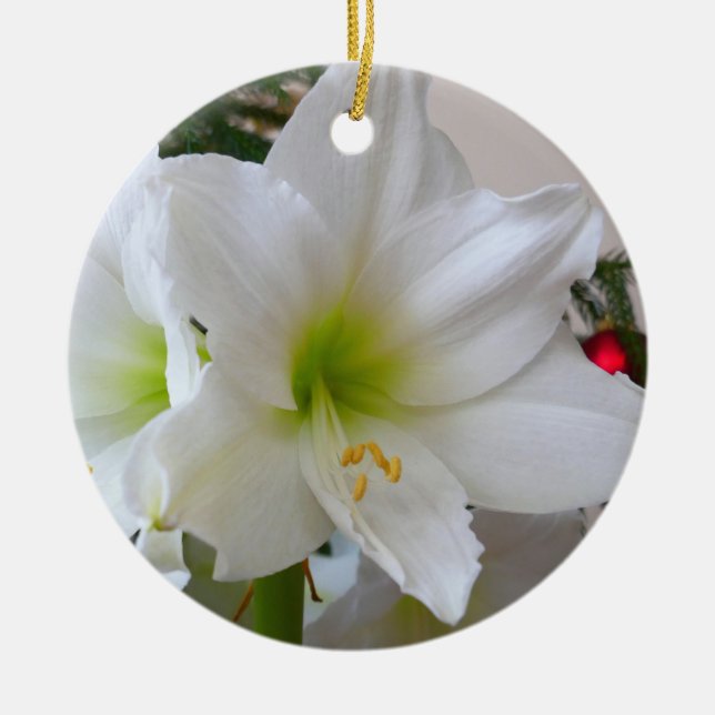 White Amaryllis and Christmas Tree Ceramic Ornament (Front)