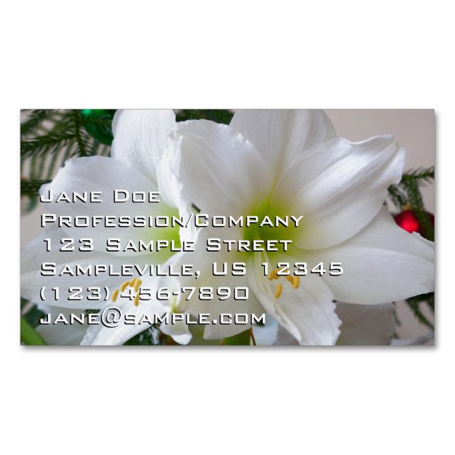 White Amaryllis and Christmas Tree Magnetic Business Card (Front)