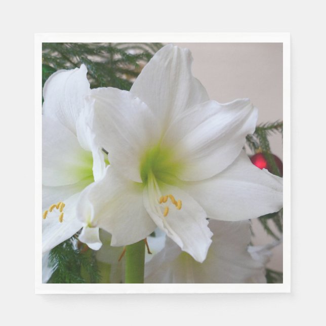 White Amaryllis and Christmas Tree Napkin (Front)