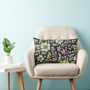 White Amaryllis and Pinks on Navy Lumbar Pillow
