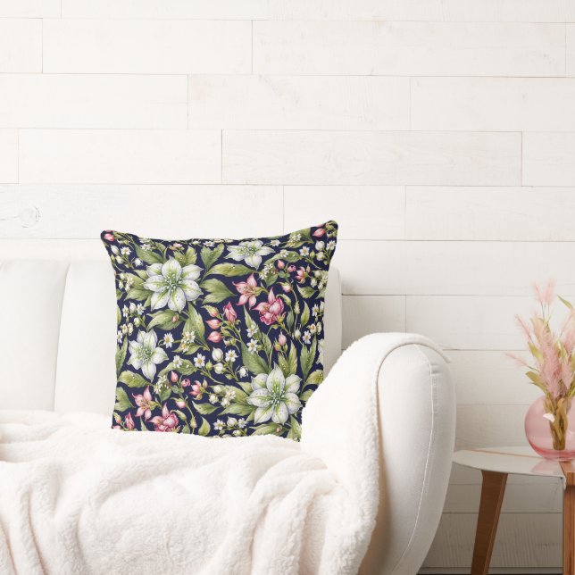 White Amaryllis and Pinks on Navy Throw Pillow (Couch)