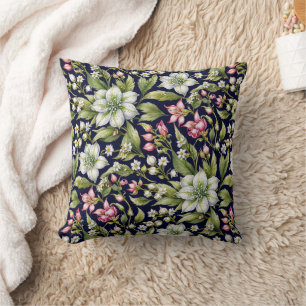 White Amaryllis and Pinks on Navy Throw Pillow