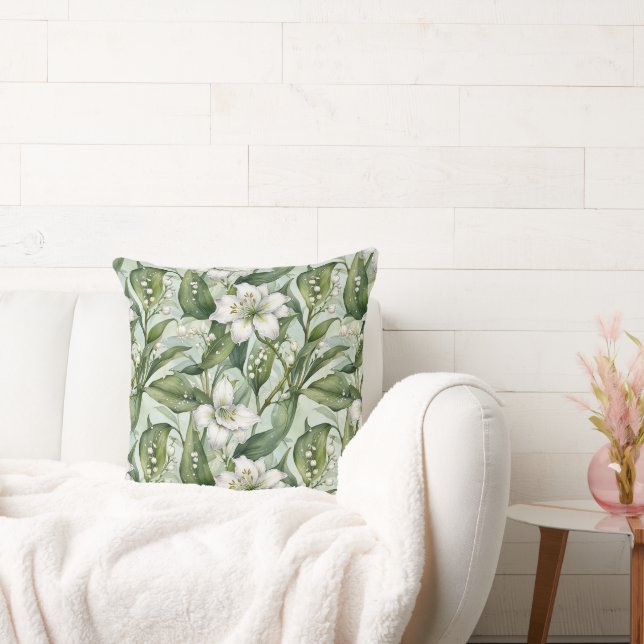 White Amaryllis and Snowdrops Wintry Throw Pillow (Couch)