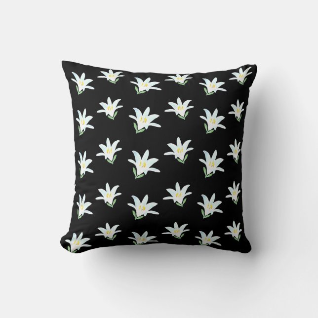 White Amaryllis Flowers on Black Throw Pillow (Front)