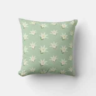 White Amaryllis Flowers on Light Green Throw Pillow