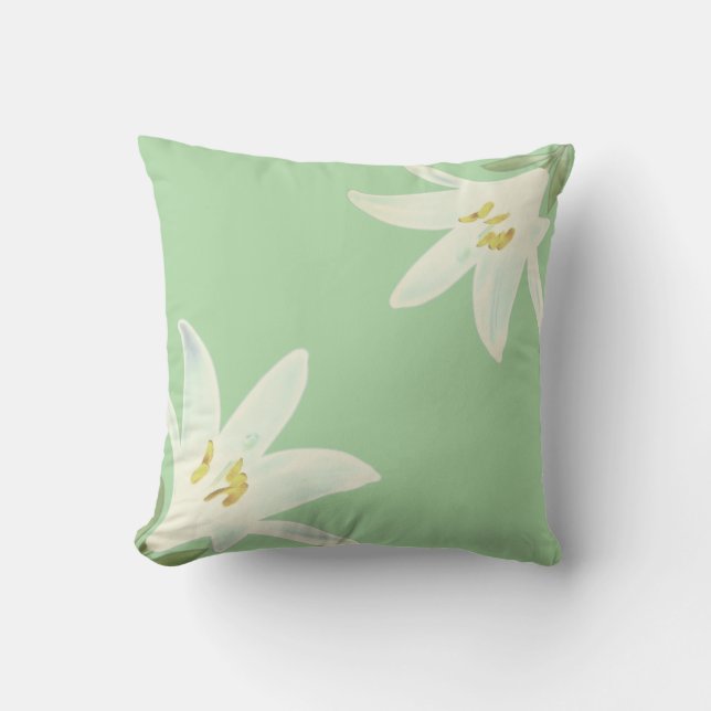 White Amaryllis Flowers on Light Lime Green Throw Pillow (Front)