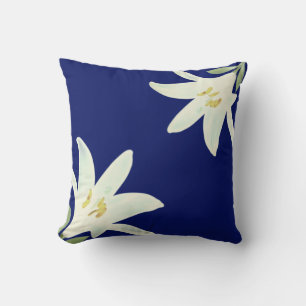 White Amaryllis Flowers on Navy Blue Throw Pillow