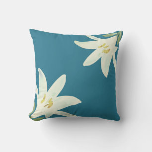White Amaryllis Flowers on Teal Deep Green Colour Throw Pillow