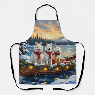 White American Eskimo Dog Christmas Boat Holiday Apron