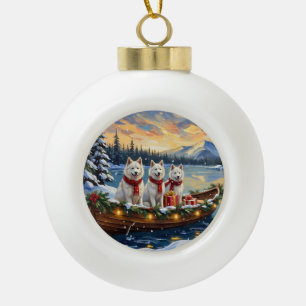 White American Eskimo Dog Christmas Boat Holiday Ceramic Ball Christmas Ornament