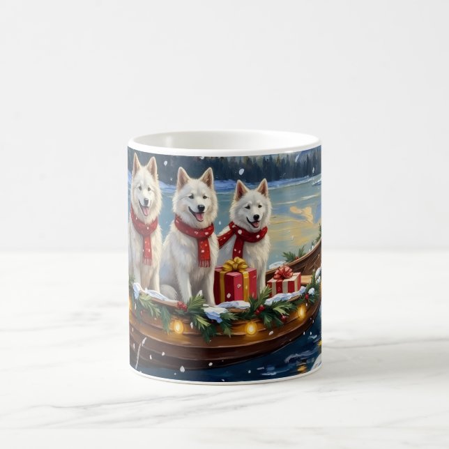 White American Eskimo Dog Christmas Boat Holiday Coffee Mug (Center)