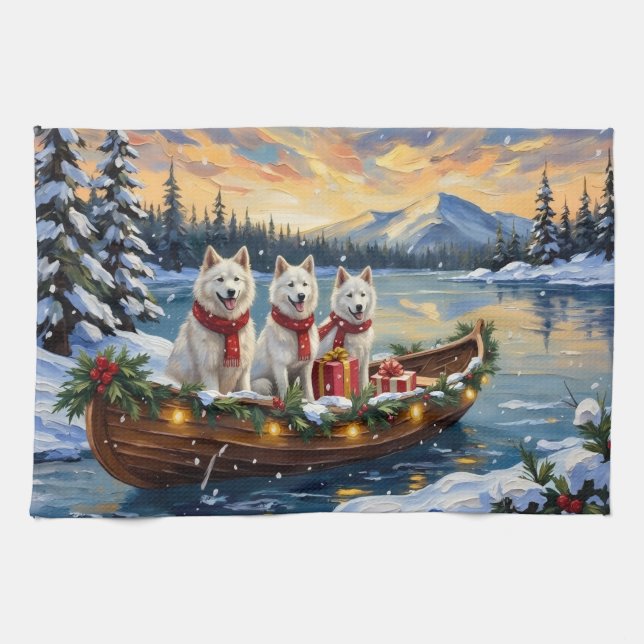White American Eskimo Dog Christmas Boat Holiday Kitchen Towel (Horizontal)