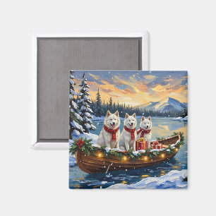 White American Eskimo Dog Christmas Boat Holiday Magnet