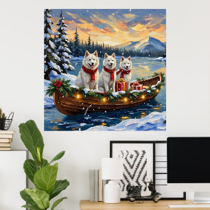 White American Eskimo Dog Christmas Boat Holiday Poster