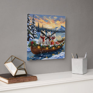 White American Eskimo Dog Christmas Boat Holiday Square Wall Clock