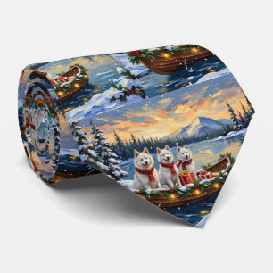 White American Eskimo Dog Christmas Boat Holiday Tie