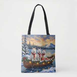 White American Eskimo Dog Christmas Boat Holiday Tote Bag