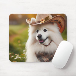 White American Eskimo Dog Wearing Cowboy Hat Mouse Pad