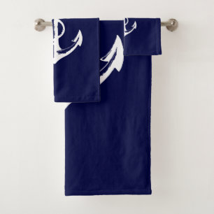 White Anchor and Navy Blue Background Bath Towel Set