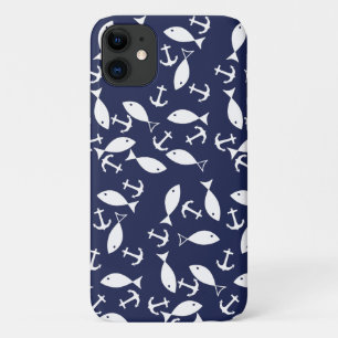 White Anchor Blue Background Captain Sea Fish iPhone 11 Case