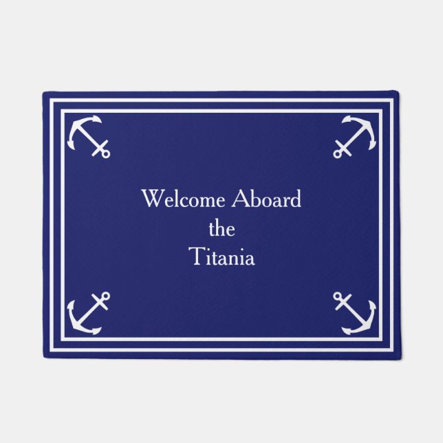 White Anchor Border on Navy Blue Custom Small Doormat (Front)