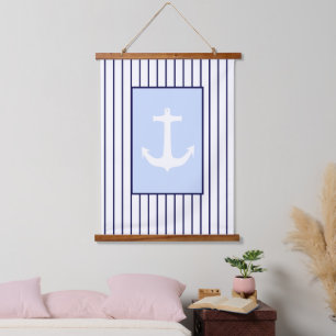 White Anchor Captain Blue Stripes Sea Ocean Hanging Tapestry