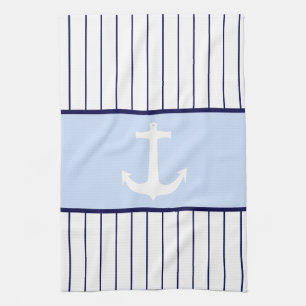 White Anchor Captain Blue Stripes Sea Ocean Kitchen Towel