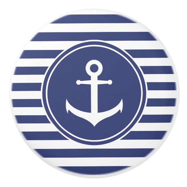 White Anchor in Dark Blue Circle on Stripes Ceramic Knob (Front)