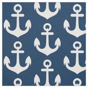 White Anchor on Navy Blue Background Pattern Fabric