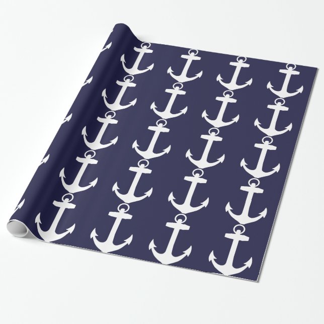 White Anchor on Navy Blue Background Wrapping Paper (Unrolled)