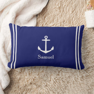 White Anchor on Navy Blue Personalized Lumbar Pillow