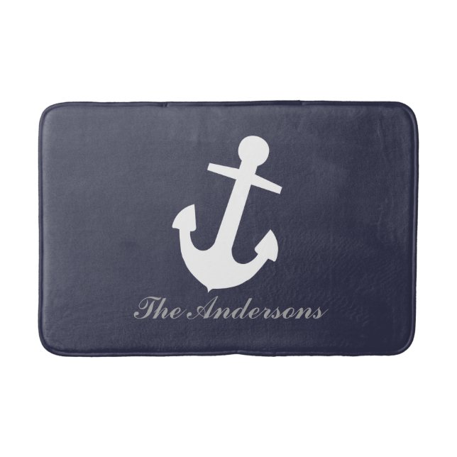 White Anchor on Navy Blue, Personalized Nautical Bath Mat (Front)