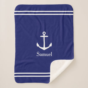 White Anchor on Navy Blue Personalized Sherpa Blanket