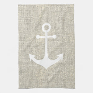 white anchor on rustic faux grey burlap texture kitchen towel