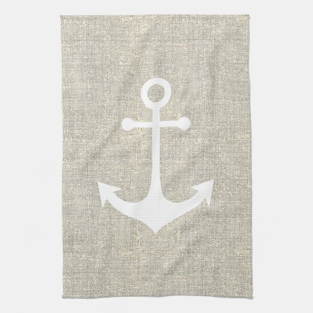 white anchor on rustic faux grey burlap texture kitchen towel (Vertical)