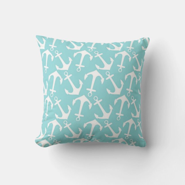 White Anchor Pattern on Aqua Throw Pillow (Front)