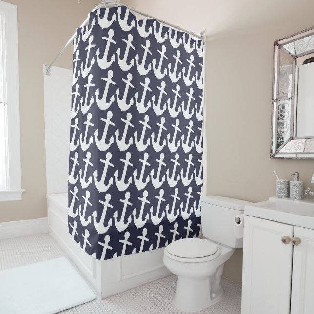 White Anchor Pattern on Dark Blue, Nautical (In Situ)
