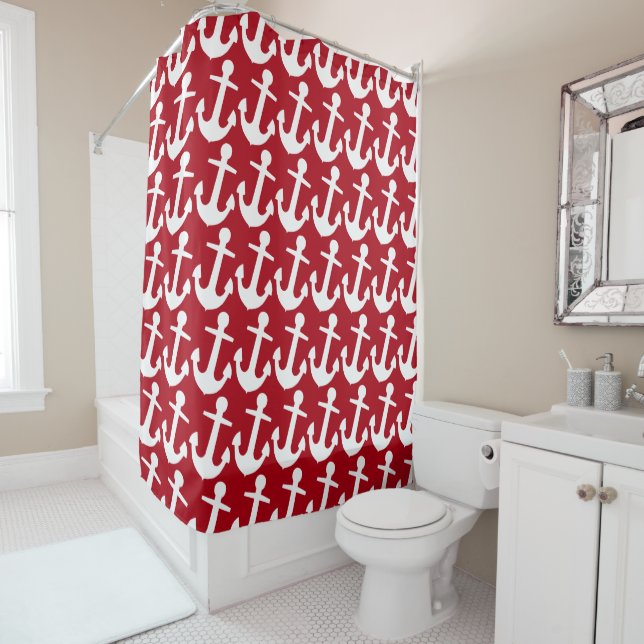 White Anchor Pattern on Red Background, Nautical (In Situ)