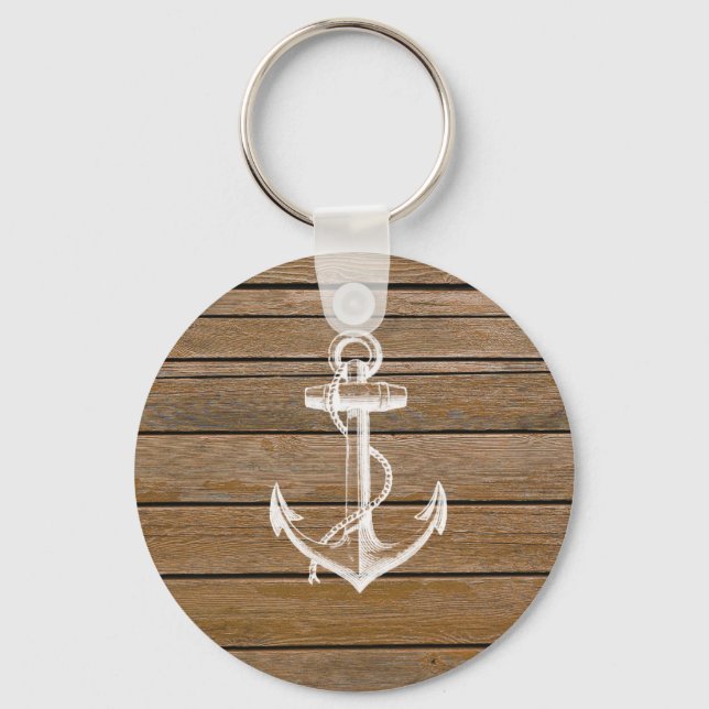White anchor vintage rustic brown wood keychain (Front)