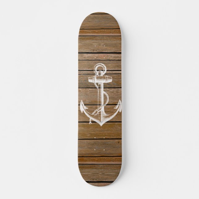 White anchor vintage rustic brown wood skateboard (Front)