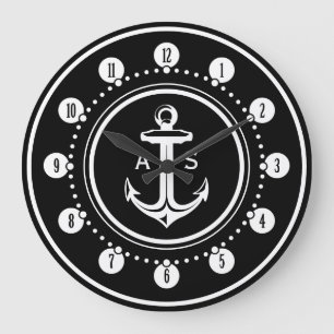 White anchor with initials   Nautical Gifts Large Clock
