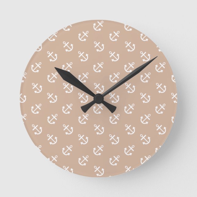 White Anchors Almond Background Pattern Round Clock (Front)