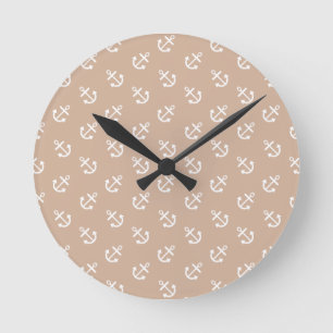 White Anchors Almond Background Pattern Round Clock