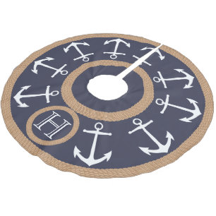 White Anchors and Rope Nautical Monogram Brushed Polyester Tree Skirt