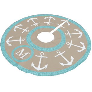 White Anchors and Teal Rope Nautical Monogram Brushed Polyester Tree Skirt
